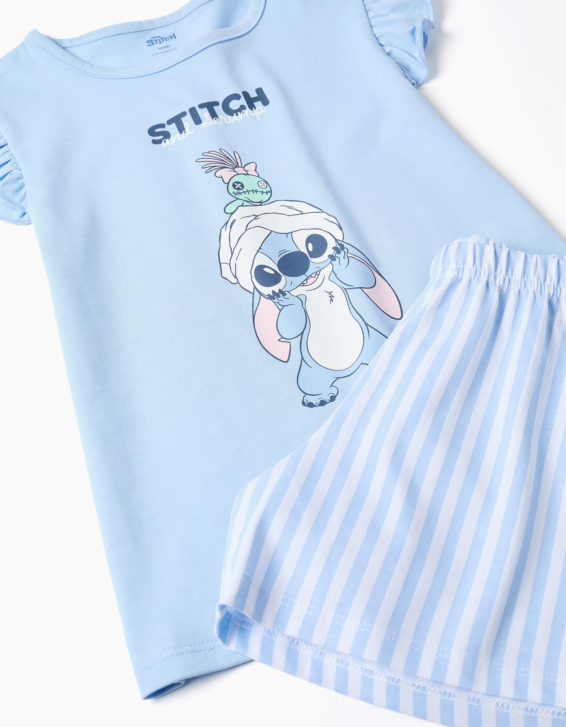Pyjama court en coton avec imprimé Stitch pour fille, bleu/blanc