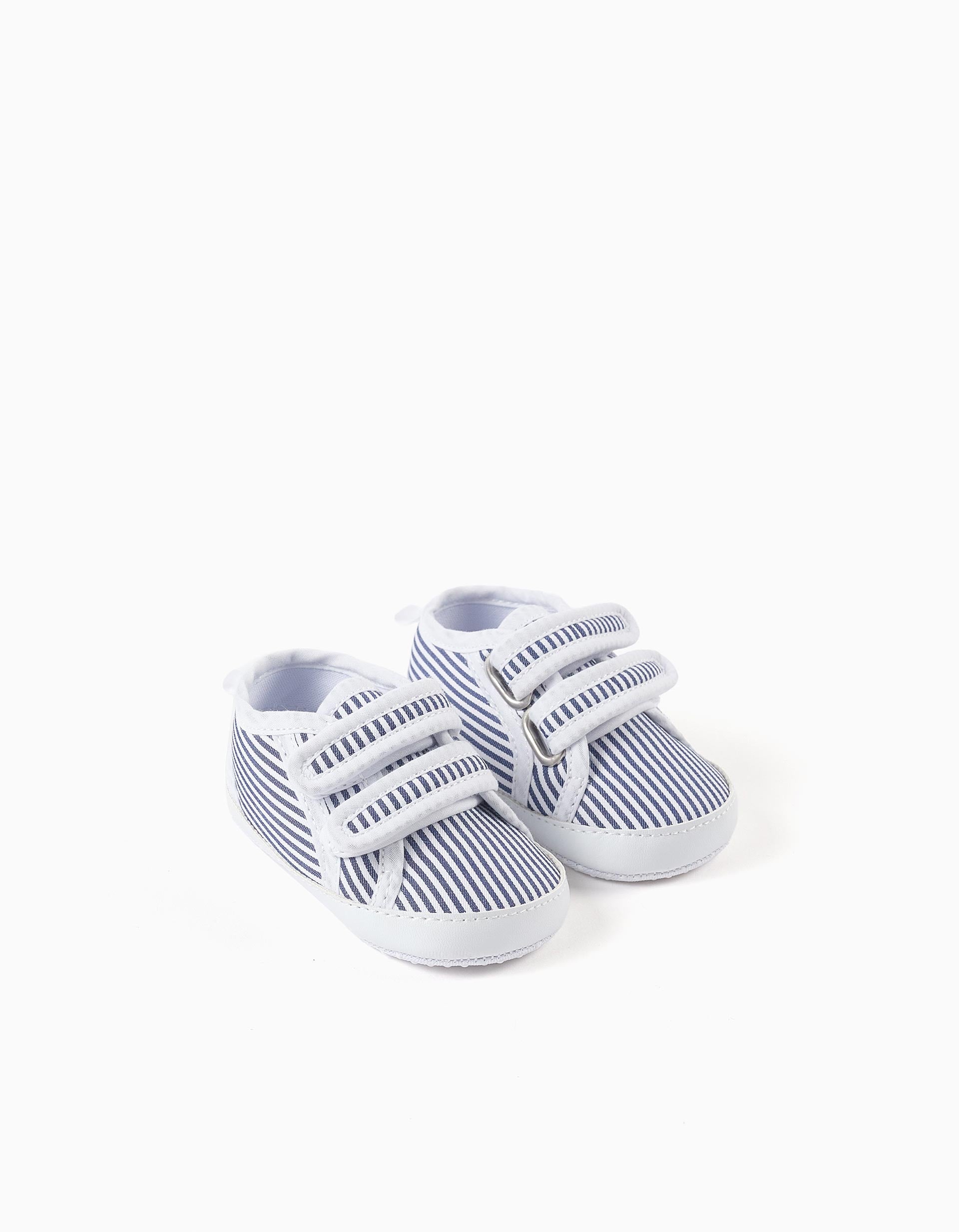 Striped canvas trainers for newborn boys, white/blue