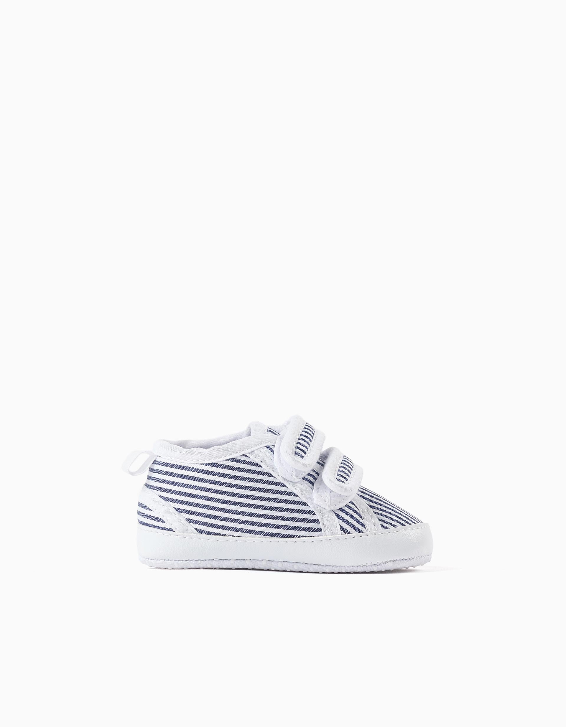 Striped canvas trainers for newborn boys, white/blue