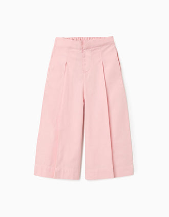 Wide leg poplin trousers with front pleats for baby girls, light pink