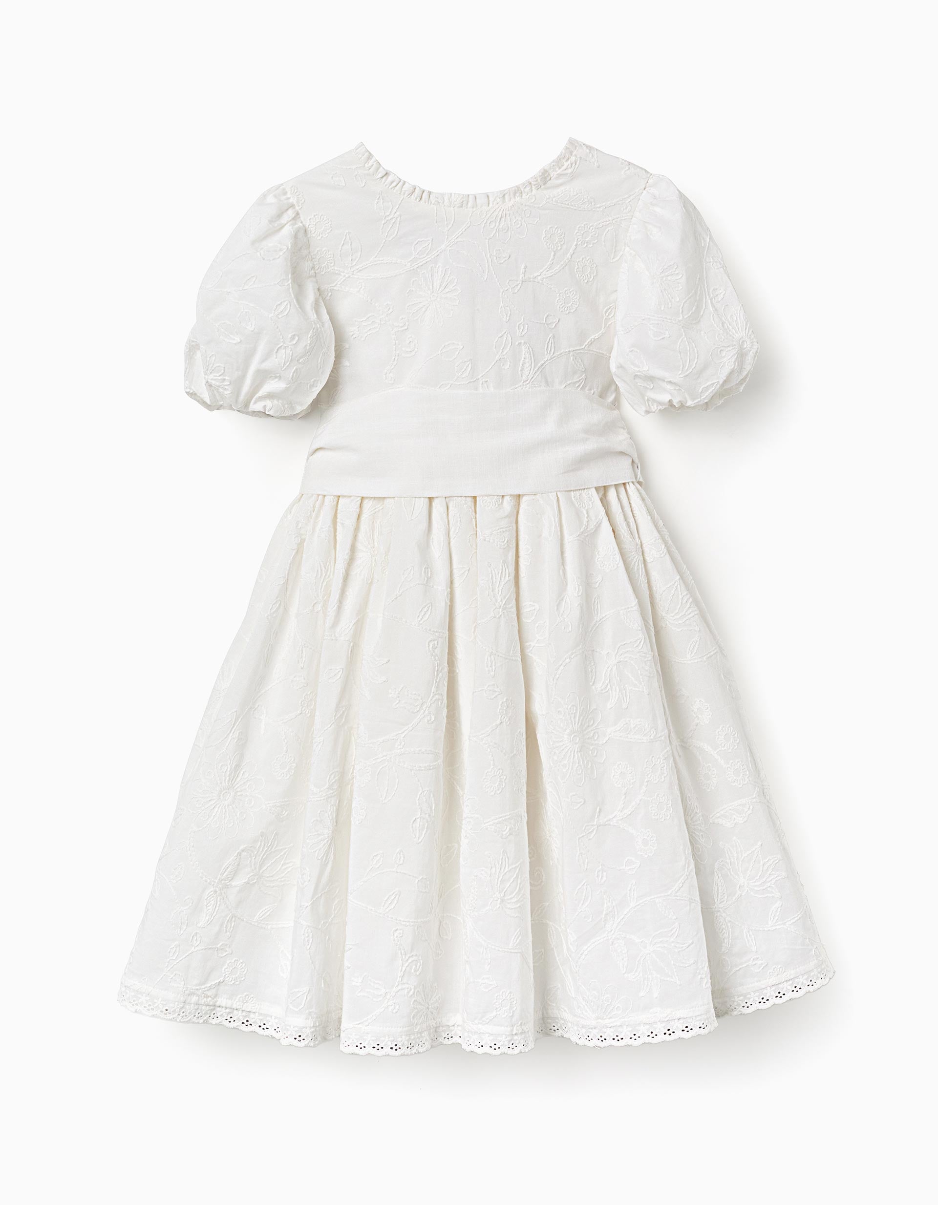 Robe en coton à manches ballon et ceinture pour fille, blanc
