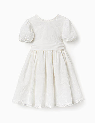Vestido de algodón con mangas abullonadas y cinturón para niña, blanco