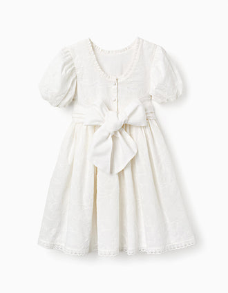 Vestido de algodón con mangas abullonadas y cinturón para niña, blanco