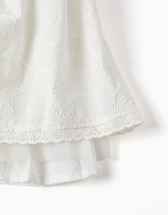 Vestido de algodón con mangas abullonadas y cinturón para niña, blanco
