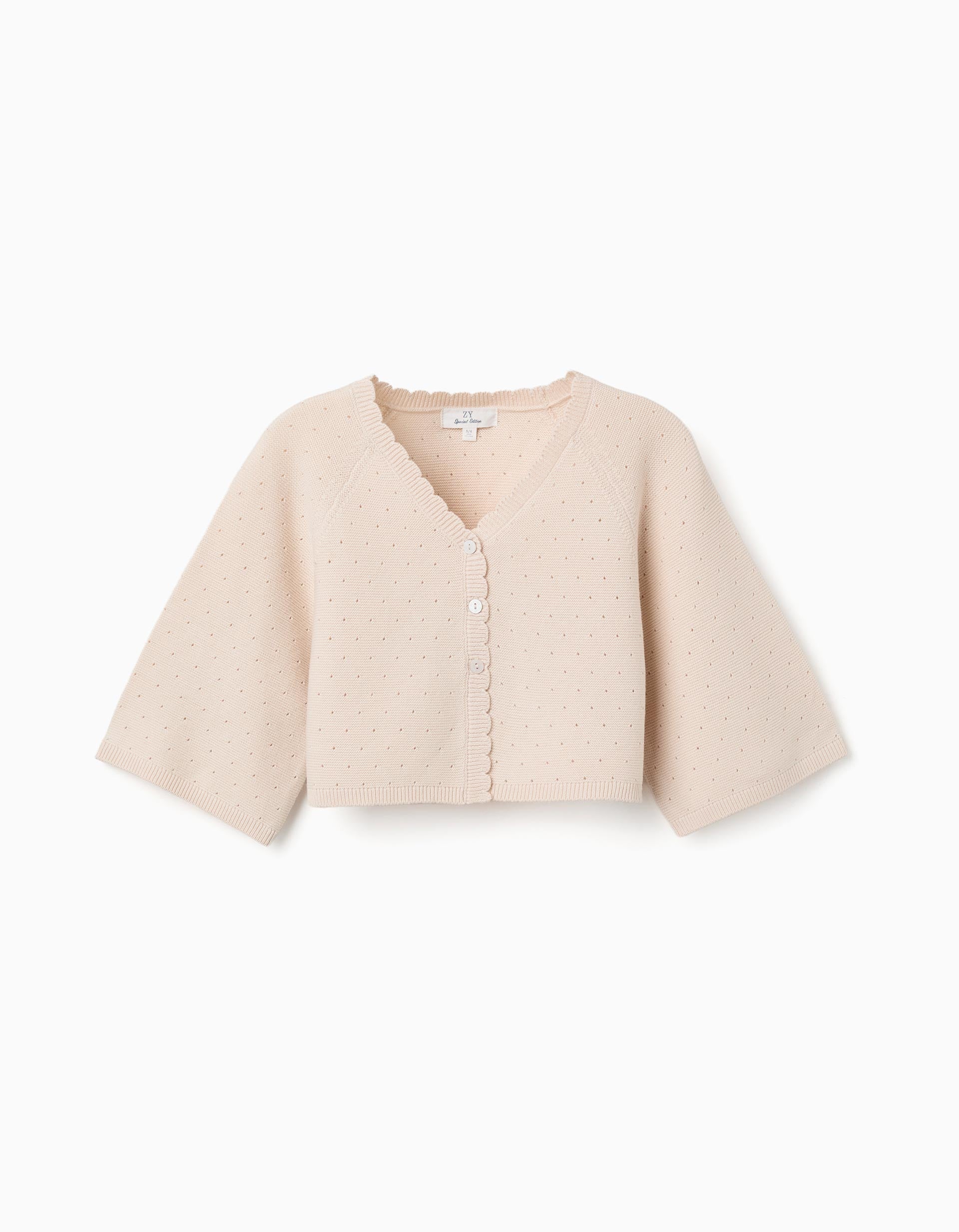 Cotton knit jacket with scalloped details for girls, light beige