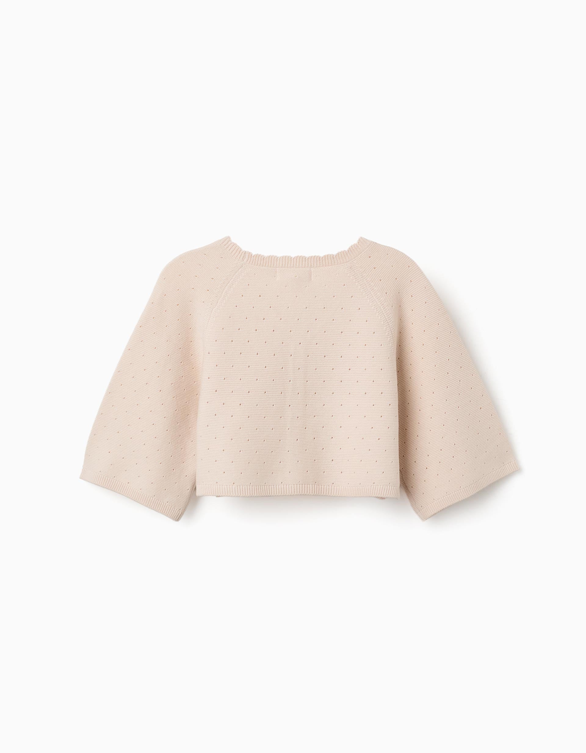 Cotton knit jacket with scalloped details for girls, light beige