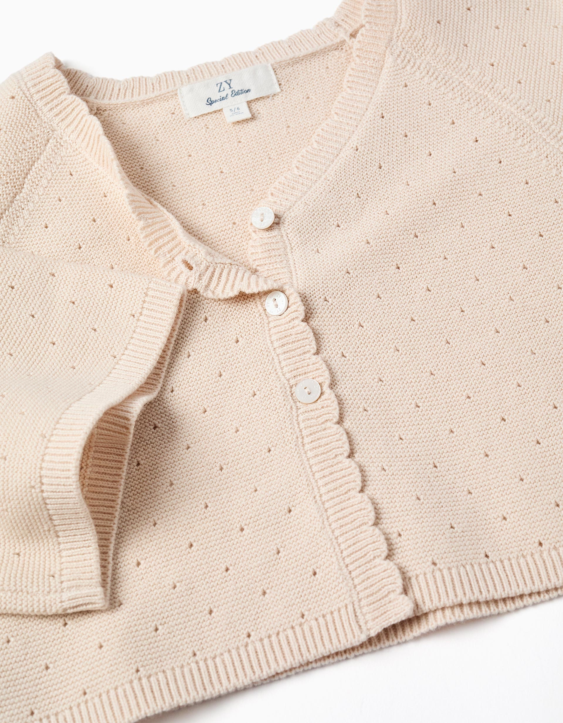 Cotton knit jacket with scalloped details for girls, light beige