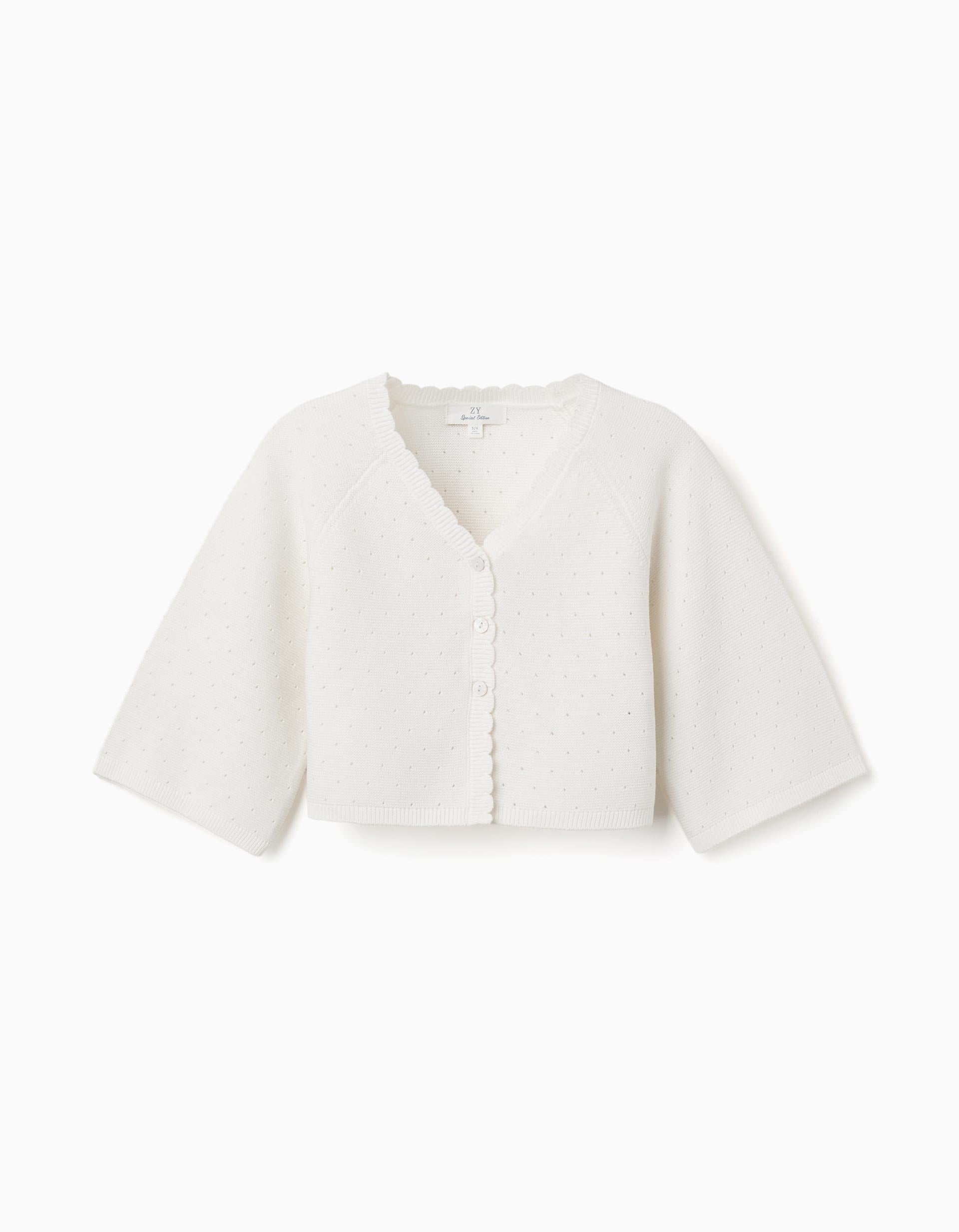 Cotton knit jacket with scalloped details for girls, white
