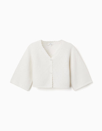 Chaqueta de punto con detalles festoneados para niña, blanco