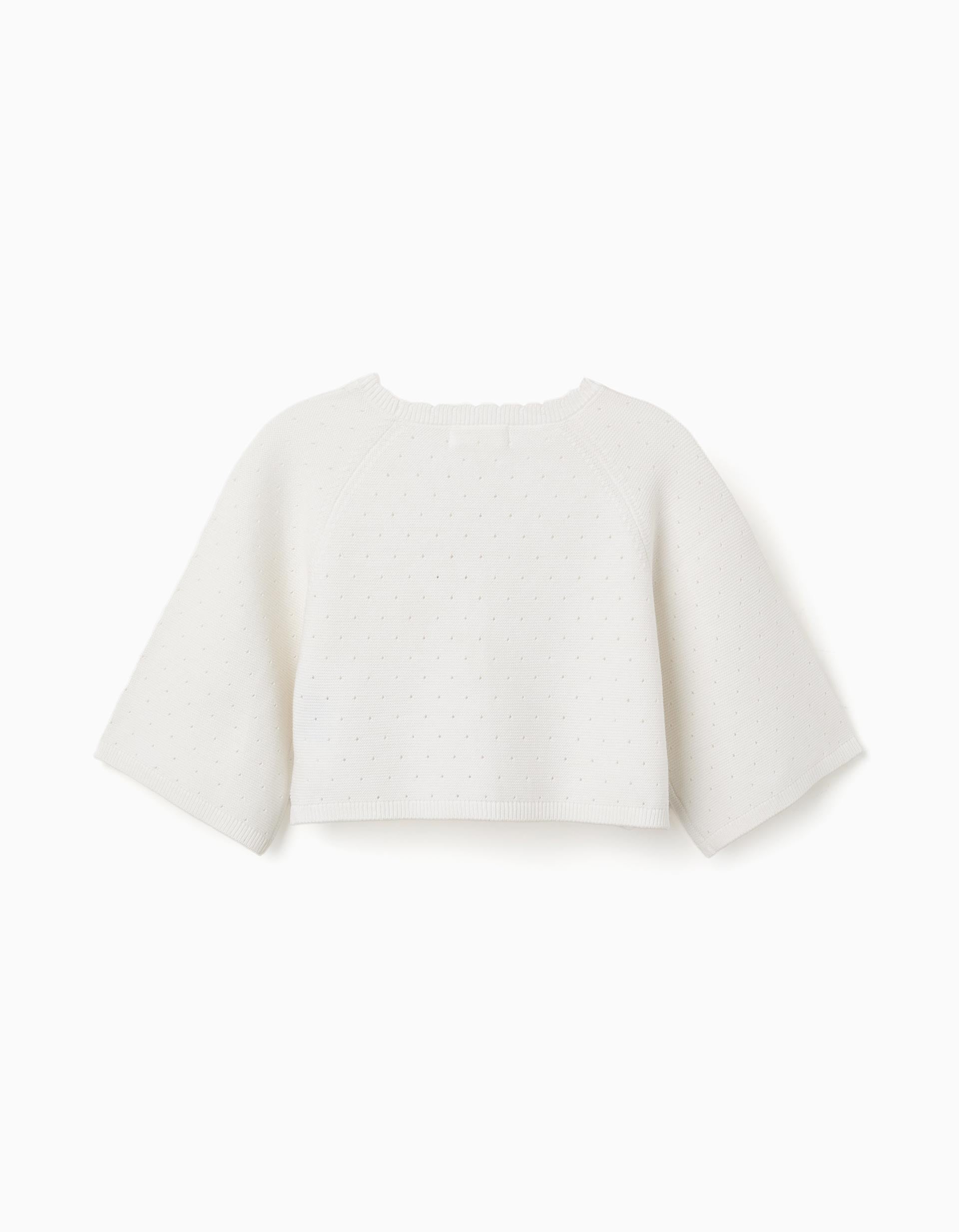 Cotton knit jacket with scalloped details for girls, white
