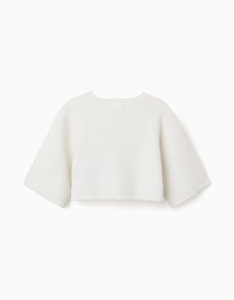 Chaqueta de punto con detalles festoneados para niña, blanco