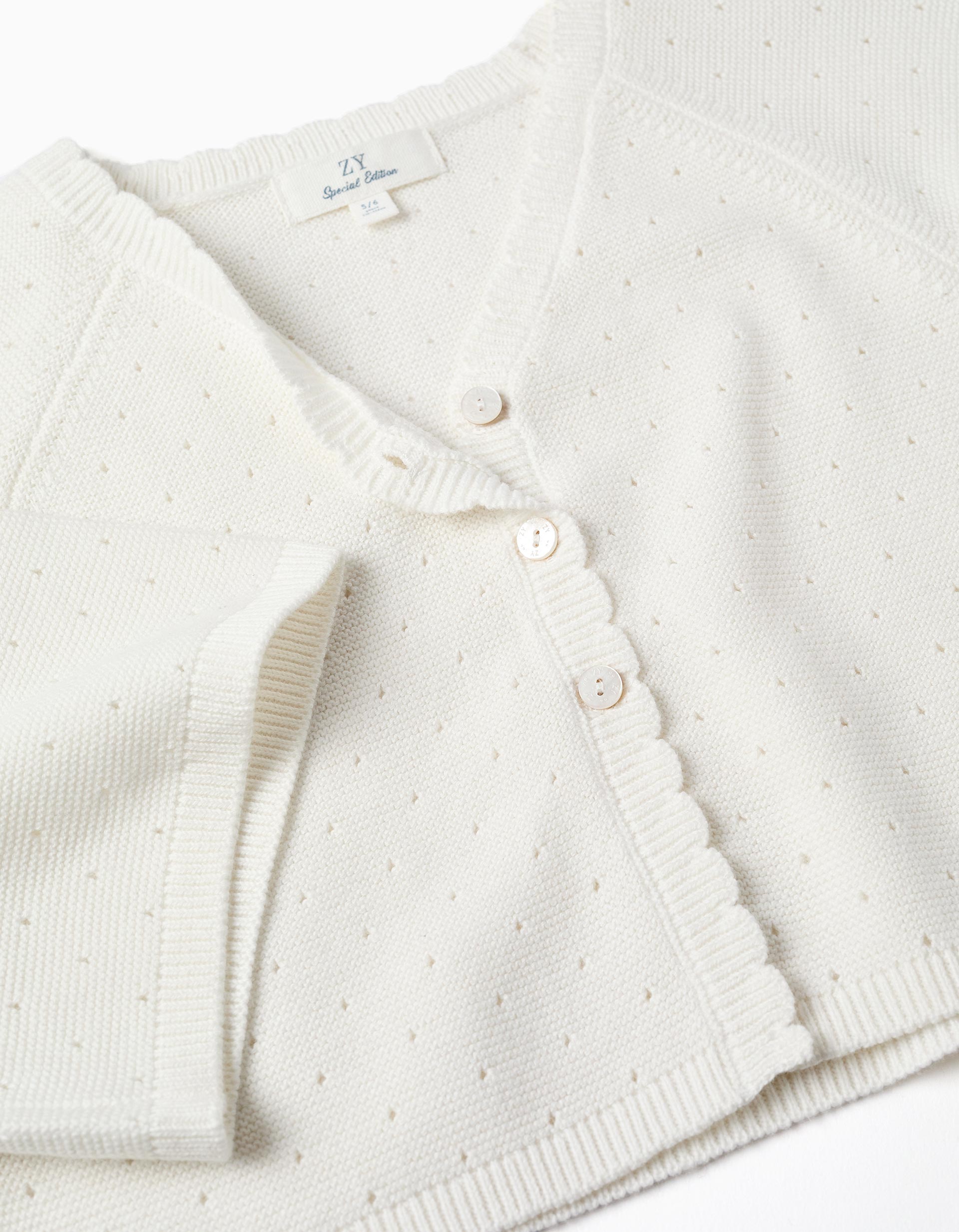 Cotton knit jacket with scalloped details for girls, white