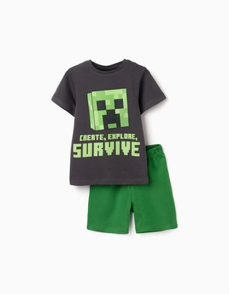 Pyjama court en coton avec imprimé Minecraft pour garçon, gris/vert