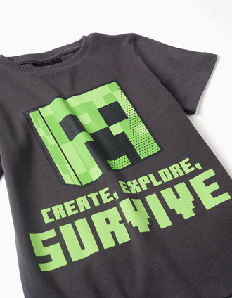 Pyjama court en coton avec imprimé Minecraft pour garçon, gris/vert