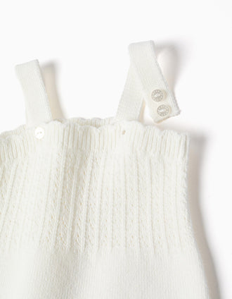 Cotton knitted romper with openwork detail for newborn girls, white