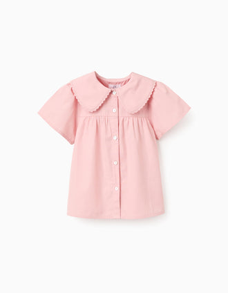 Short sleeve poplin shirt with maxi collar for girls, pink
