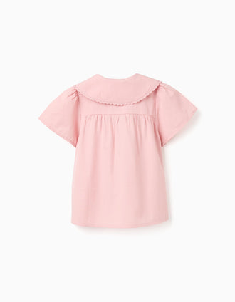 Short sleeve poplin shirt with maxi collar for girls, pink