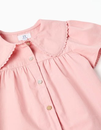 Short sleeve poplin shirt with maxi collar for girls, pink