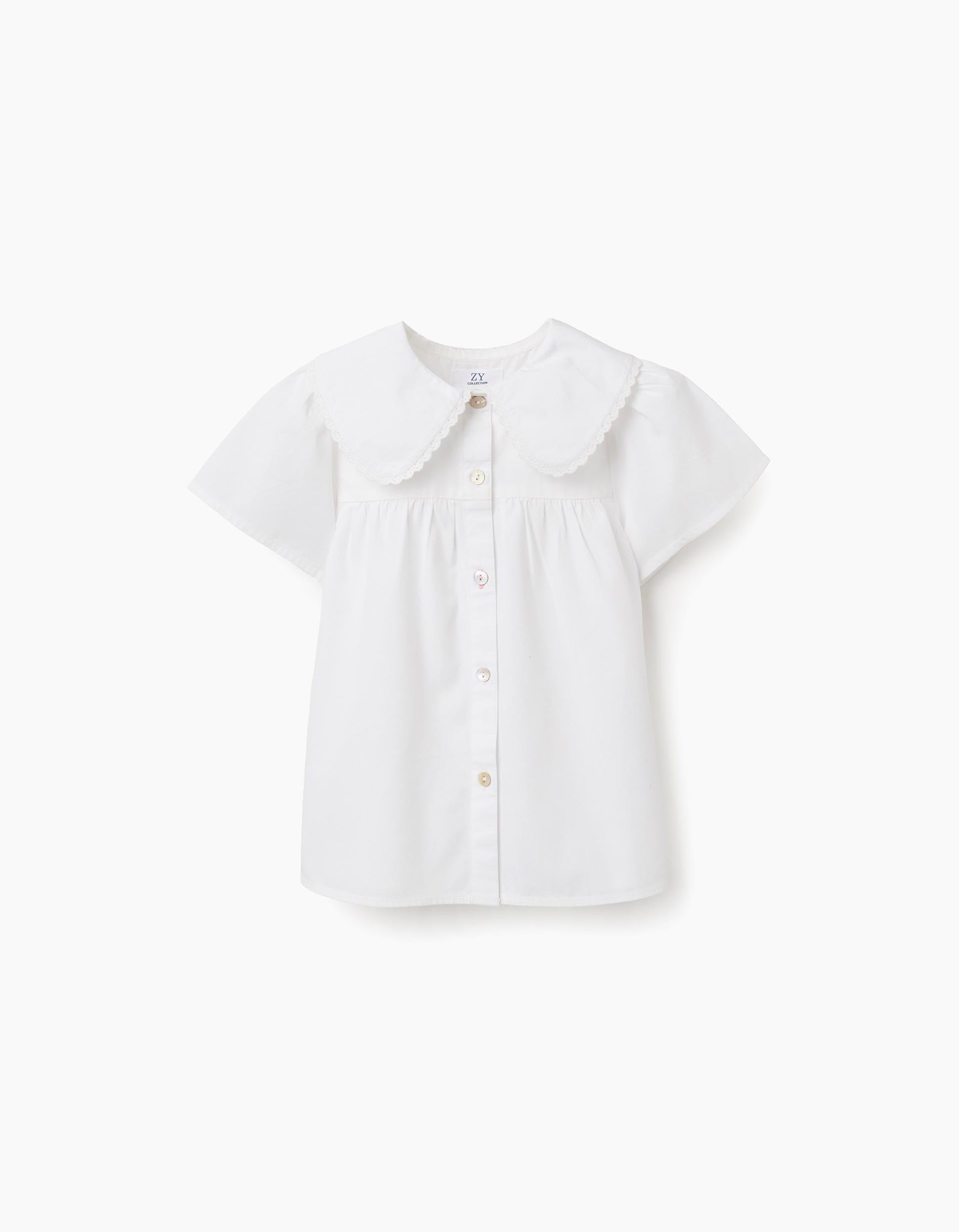 Chemisier en popeline à manches courtes et maxi col pour fille, blanc