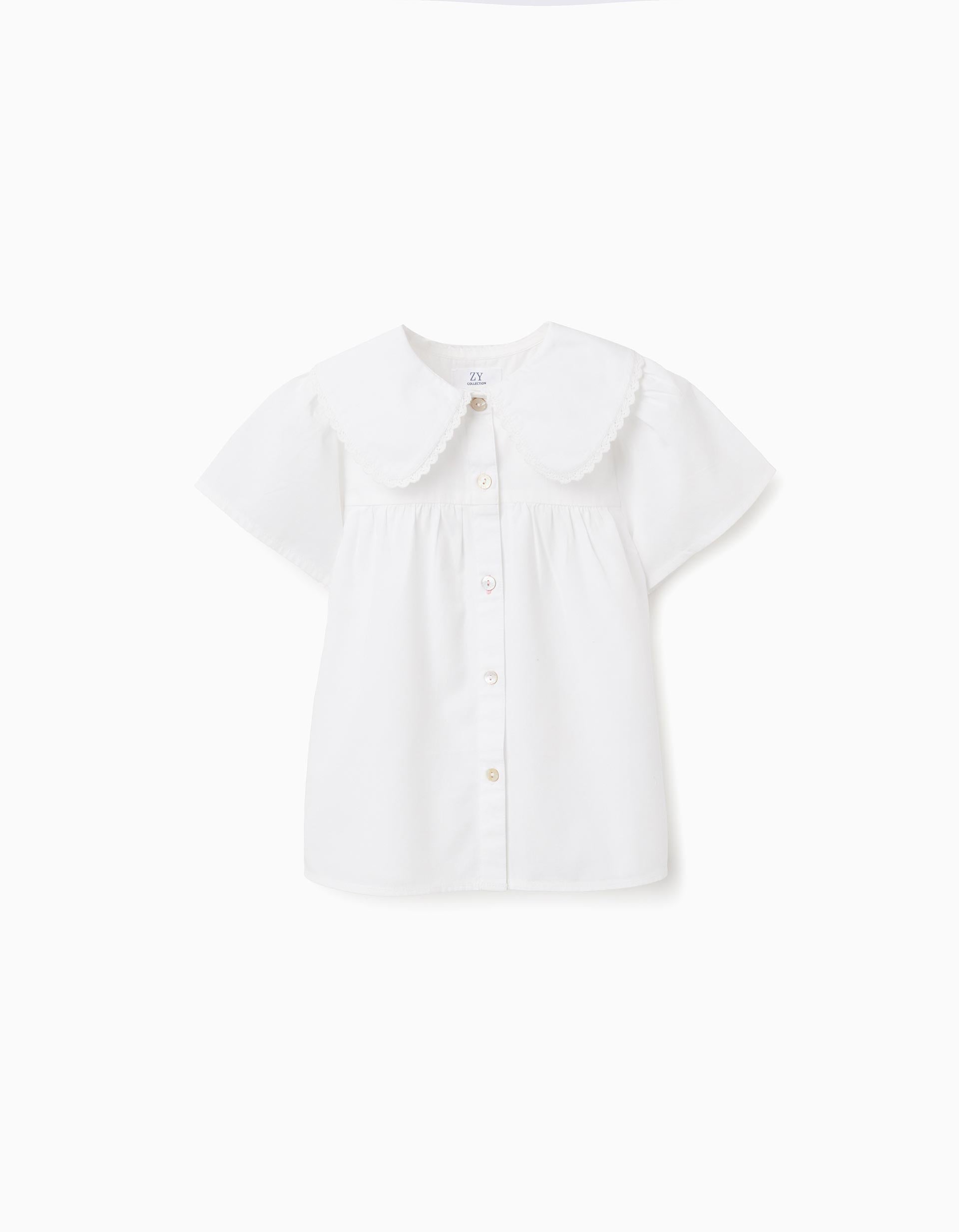 Chemisier en popeline à manches courtes et maxi col pour fille, blanc