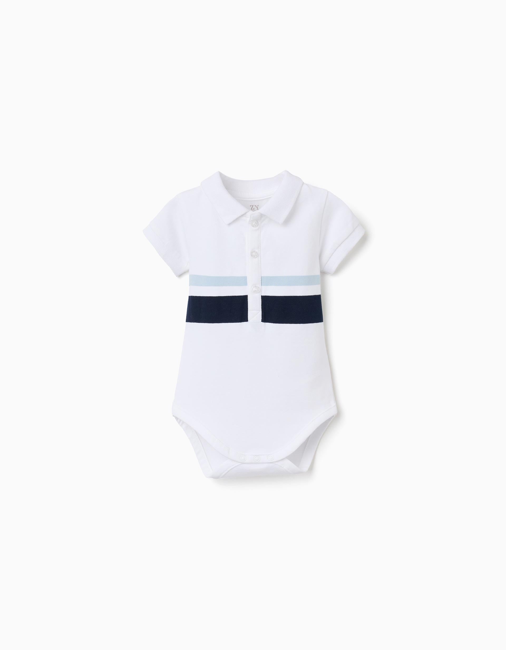 Cotton polo bodysuit with stripes for newborn boys, white/blue