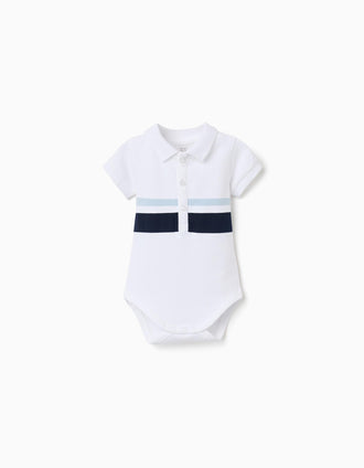 Cotton polo bodysuit with stripes for newborn boys, white/blue