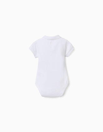 Cotton polo bodysuit with stripes for newborn boys, white/blue
