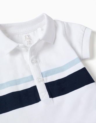 Cotton polo bodysuit with stripes for newborn boys, white/blue