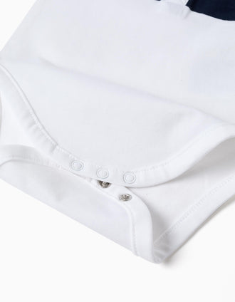 Cotton polo bodysuit with stripes for newborn boys, white/blue
