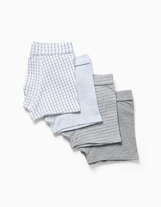 Pack de 4 boxers de algodão lisos/às riscas para menino, branco/cinza