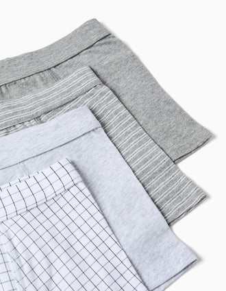 Pack de 4 boxers de algodão lisos/às riscas para menino, branco/cinza
