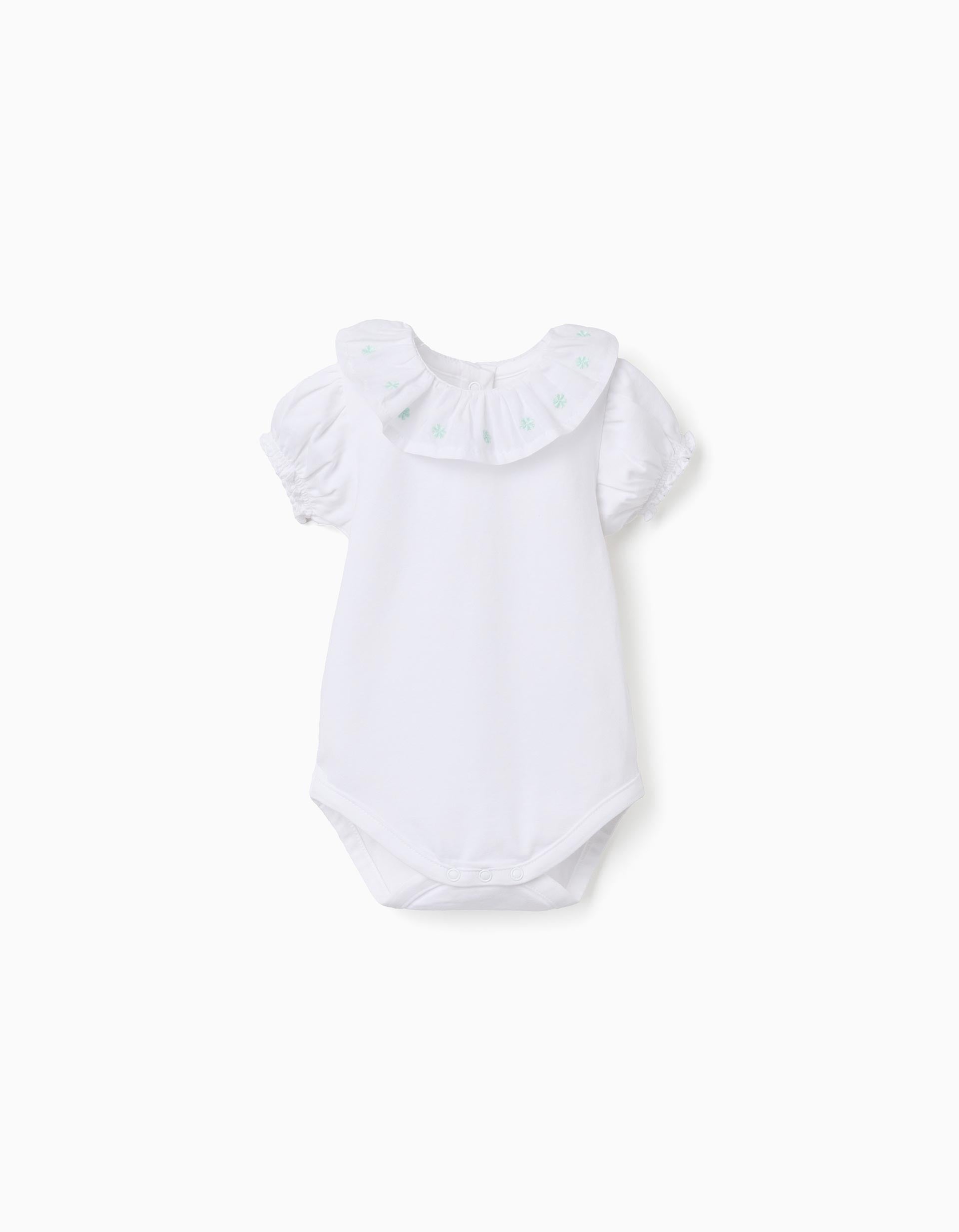 Body de algodão com gola bordada para recém-nascida, branco/verde