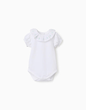 Body de algodão com gola bordada para recém-nascida, branco/verde