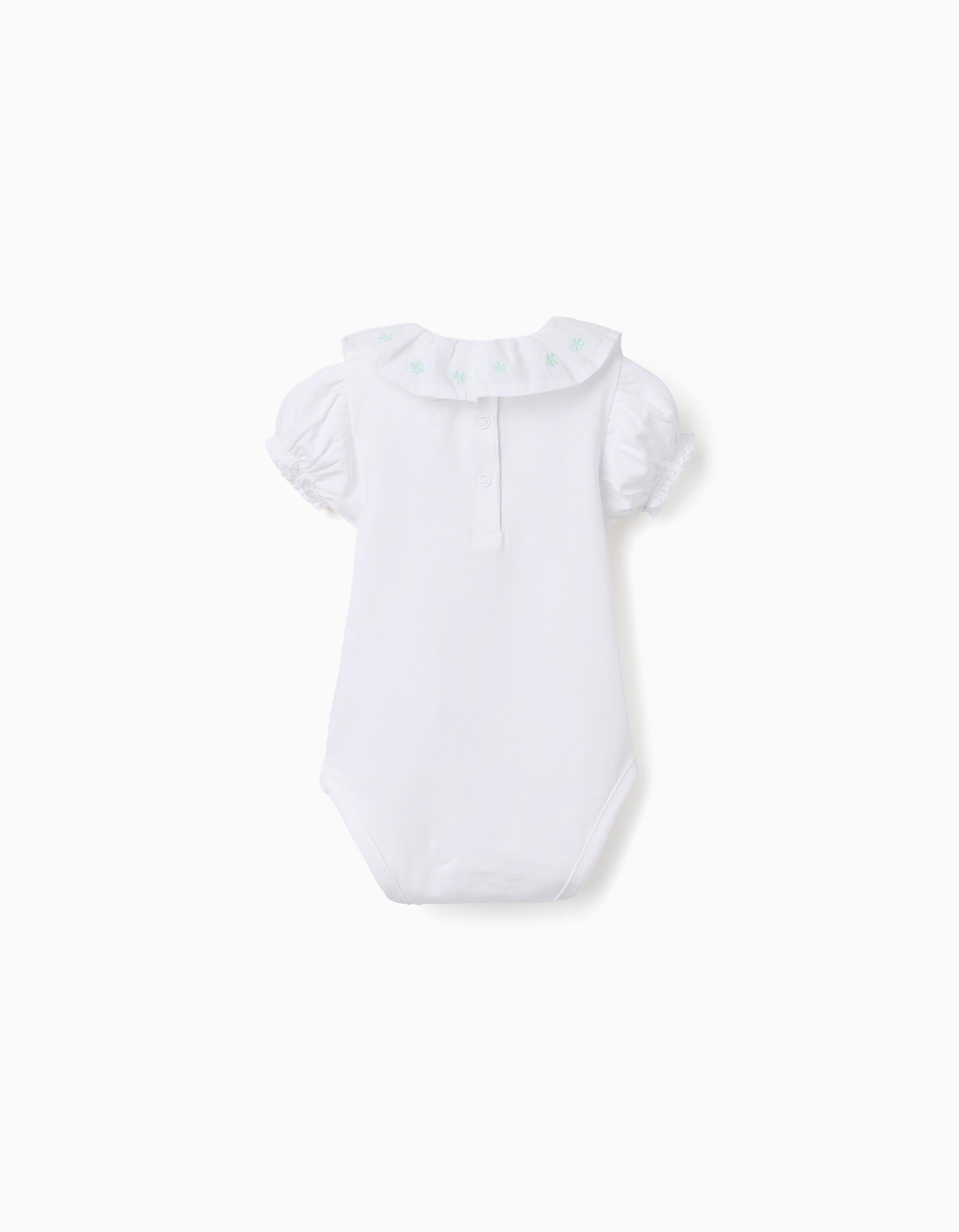 Body de algodão com gola bordada para recém-nascida, branco/verde