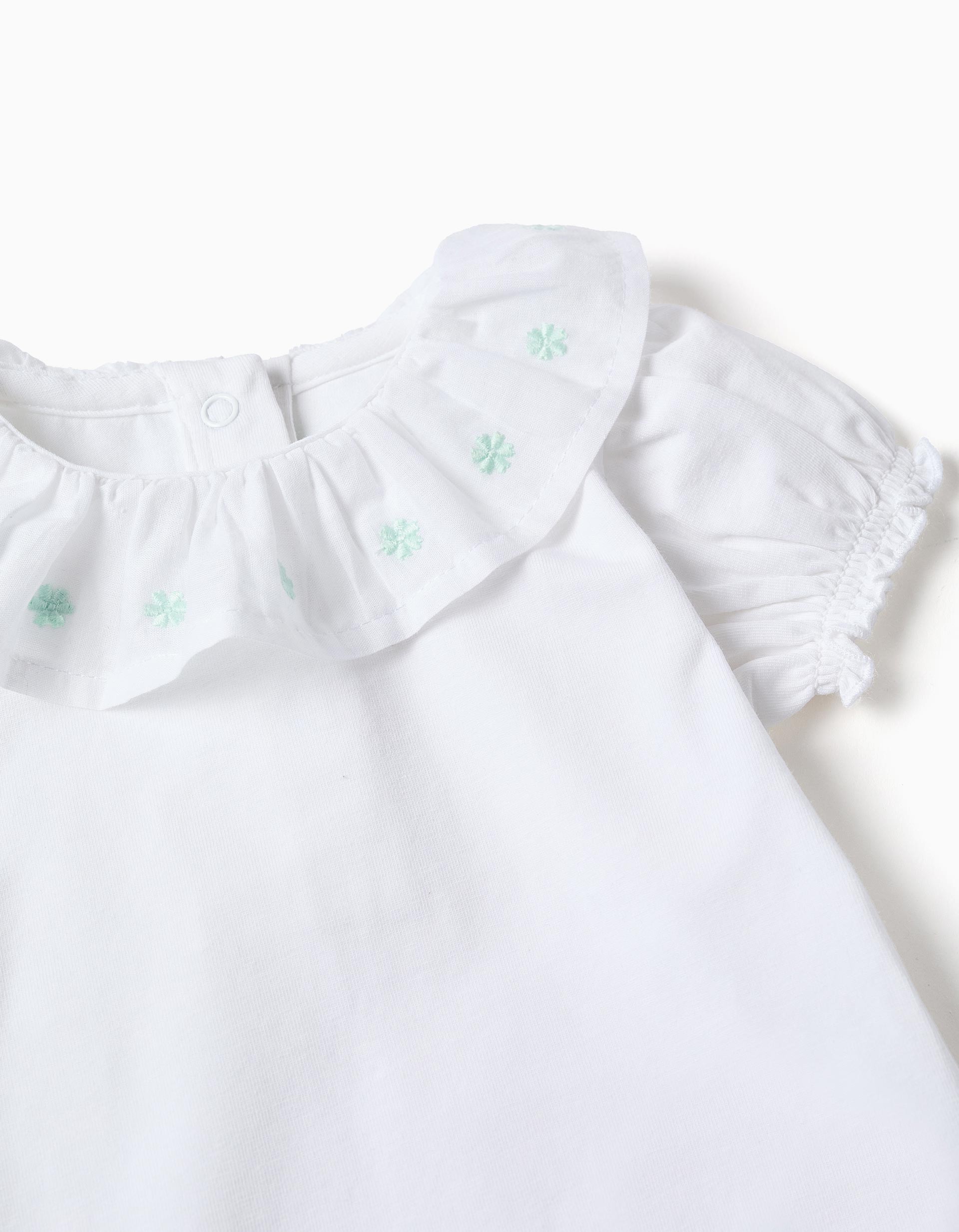 Body de algodão com gola bordada para recém-nascida, branco/verde