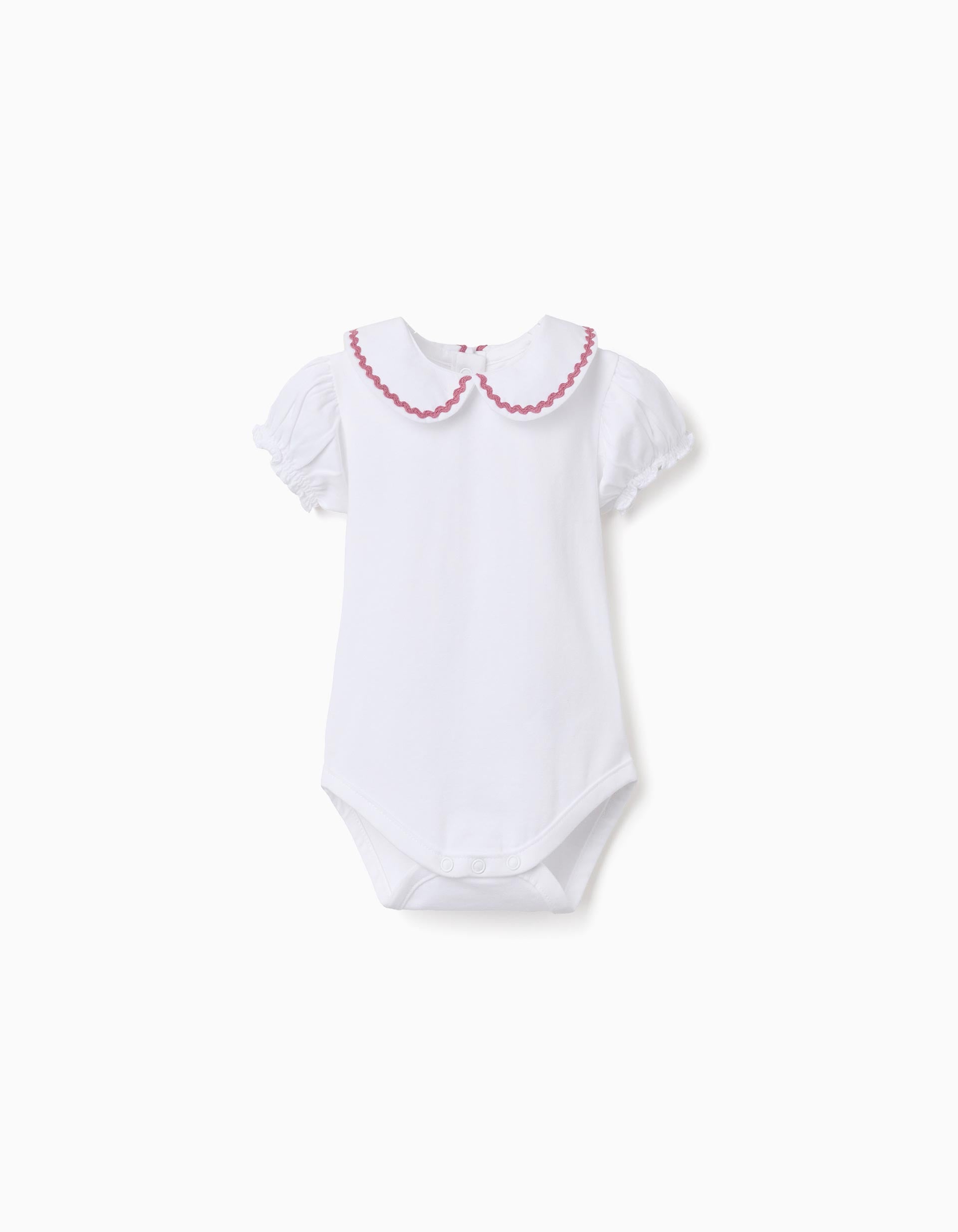 Cotton bodysuit with Peter Pan collar for newborn girls, white/pink