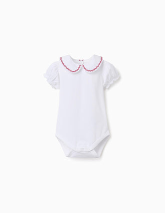 Cotton bodysuit with Peter Pan collar for newborn girls, white/pink