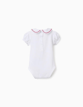 Cotton bodysuit with Peter Pan collar for newborn girls, white/pink
