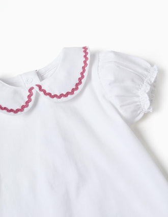 Cotton bodysuit with Peter Pan collar for newborn girls, white/pink