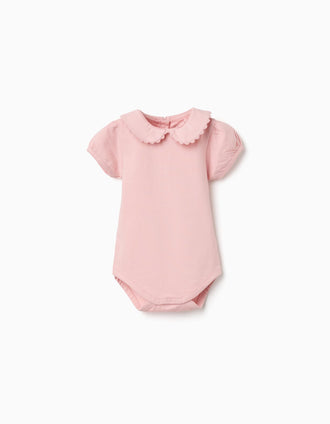 Cotton bodysuit with Peter Pan collar for newborn girls, light pink