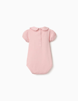 Cotton bodysuit with Peter Pan collar for newborn girls, light pink
