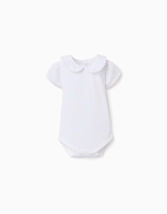 Cotton bodysuit with Peter Pan collar for newborn girls, white