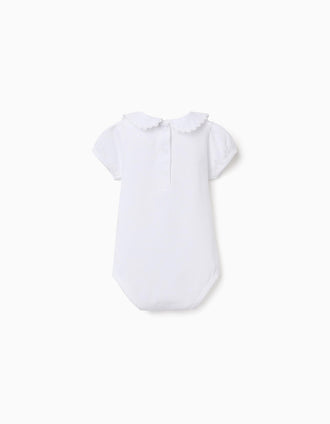 Cotton bodysuit with Peter Pan collar for newborn girls, white
