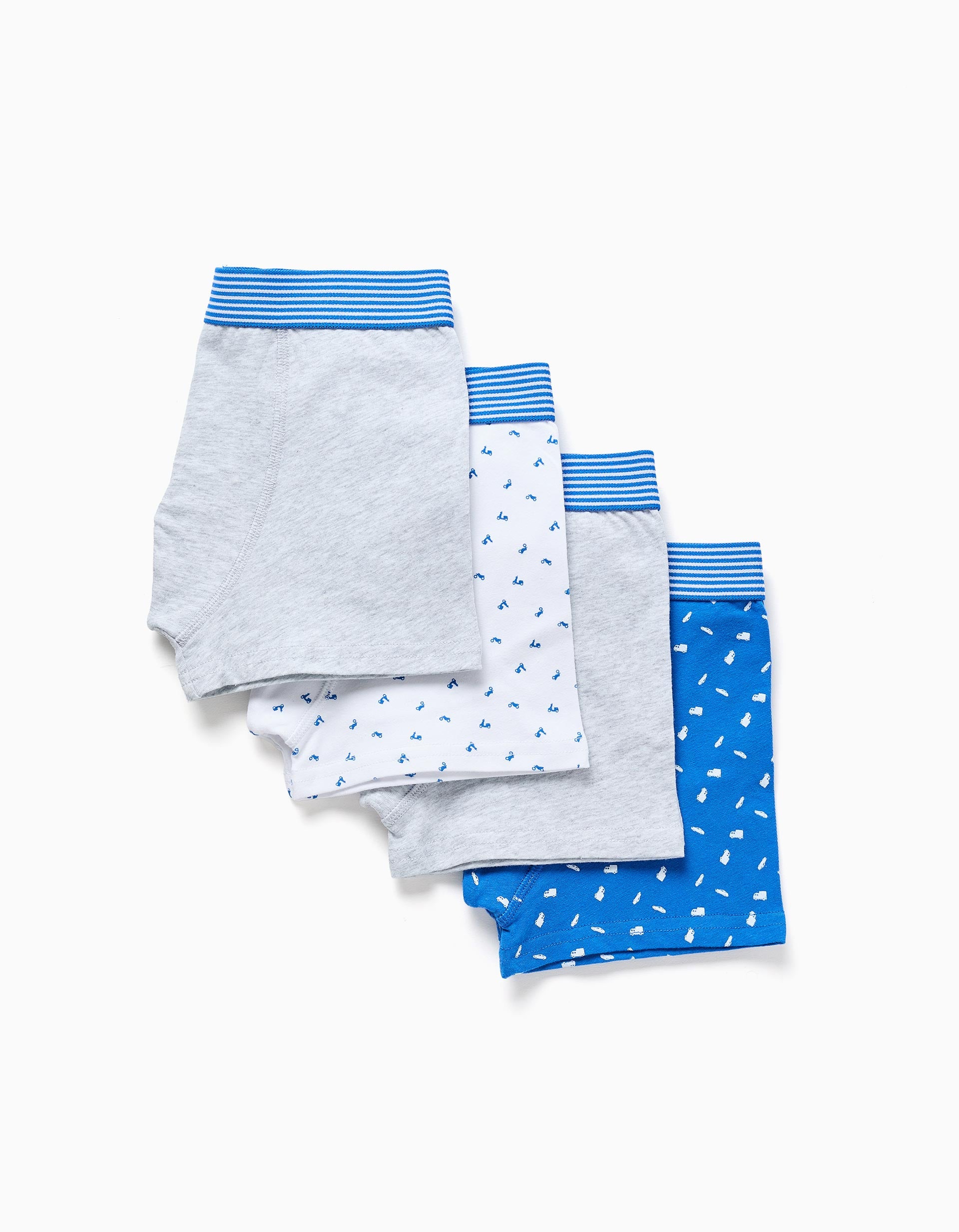 Pack of 4 plain/printed boxer shorts for boys, blue/grey/white