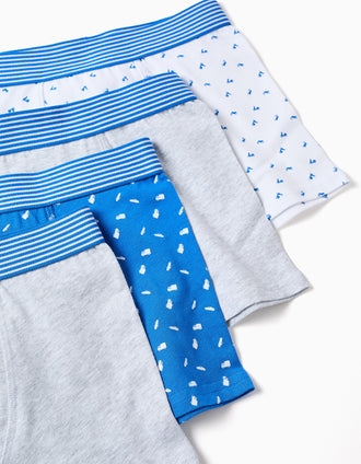 Pack de 4 boxers lisos/estampados para menino, azul/cinza/branco