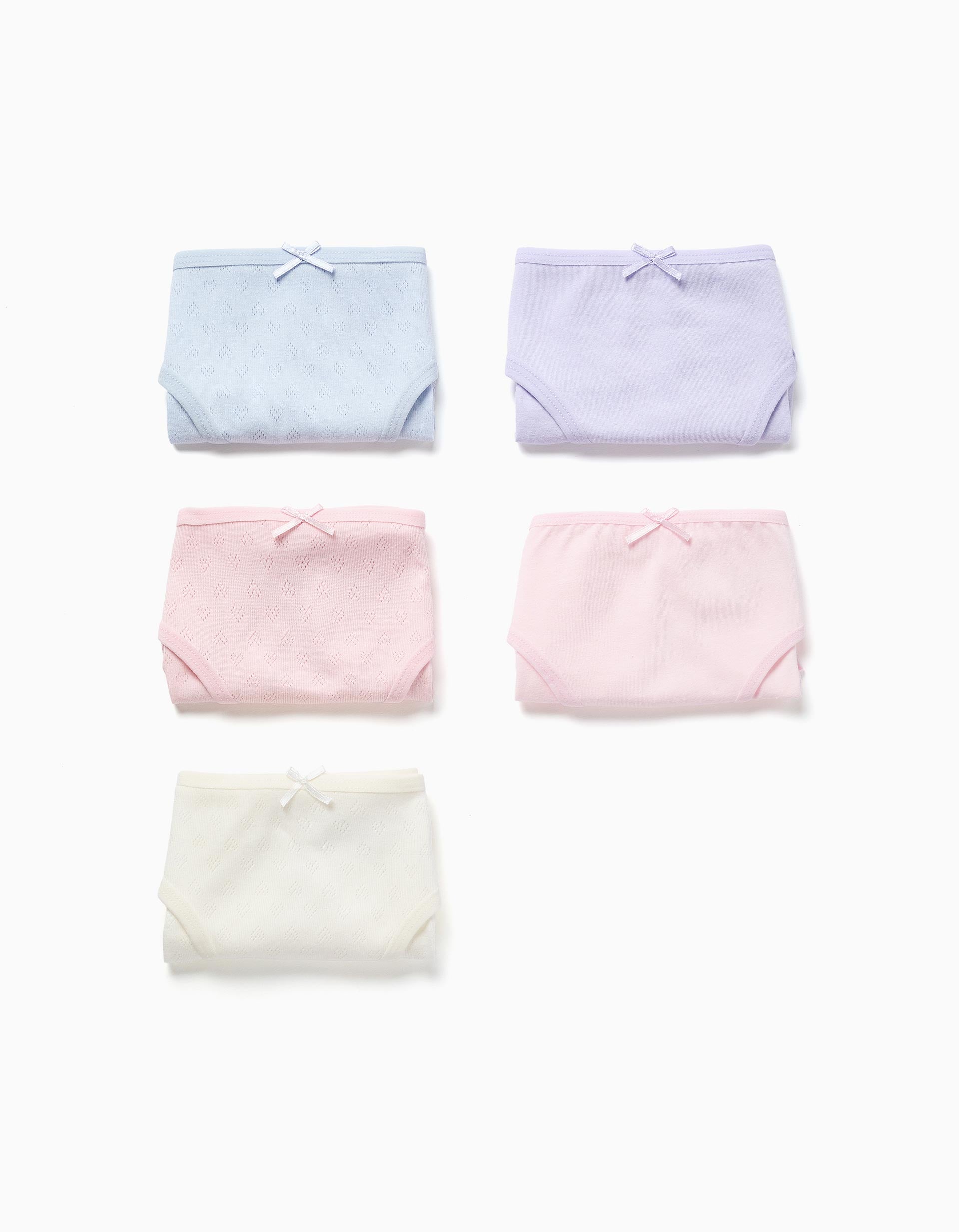 Pack of 5 plain/jacquard briefs for girls, multicolour