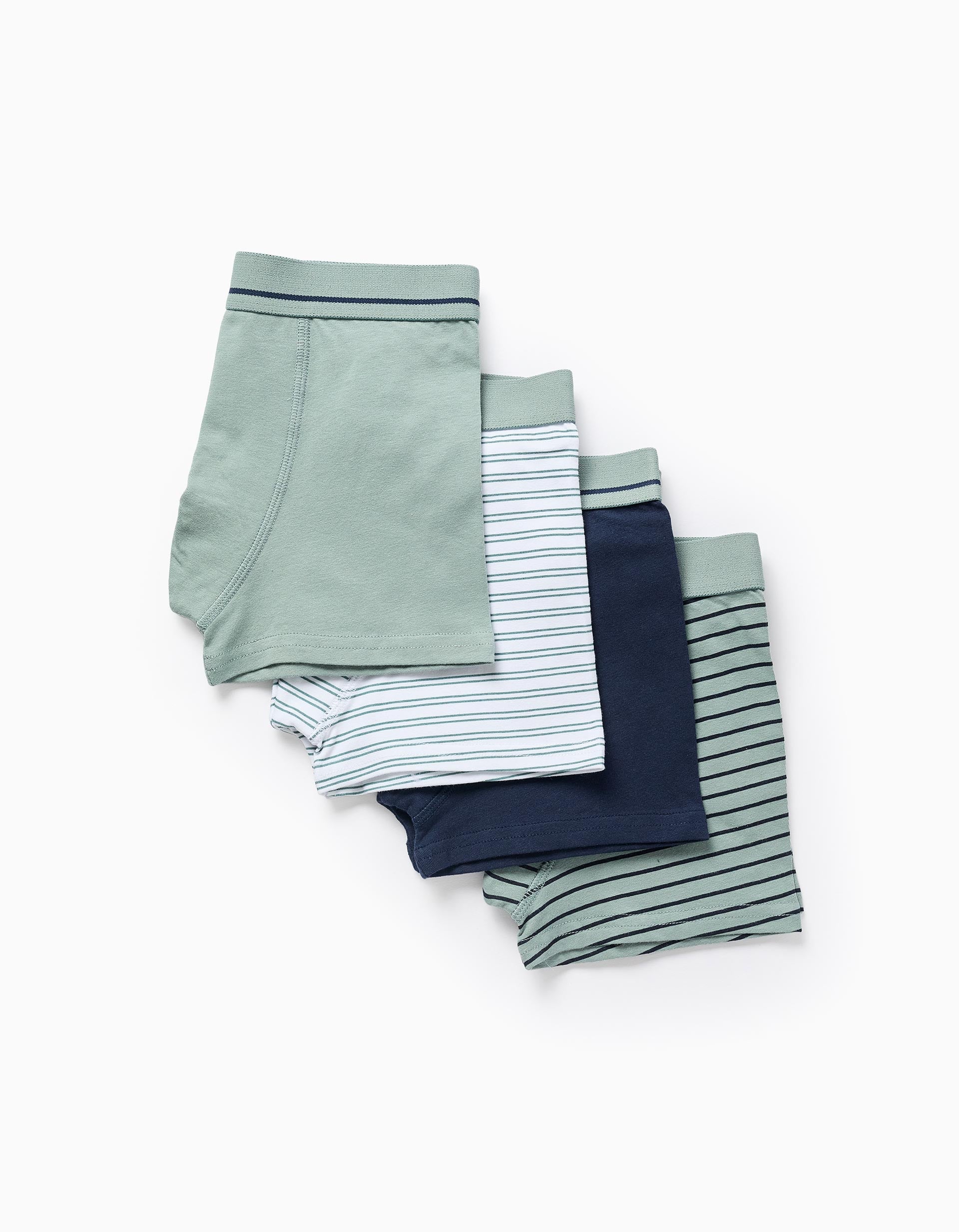 Pack of 4 plain/striped boxer shorts for boys, green/blue/white