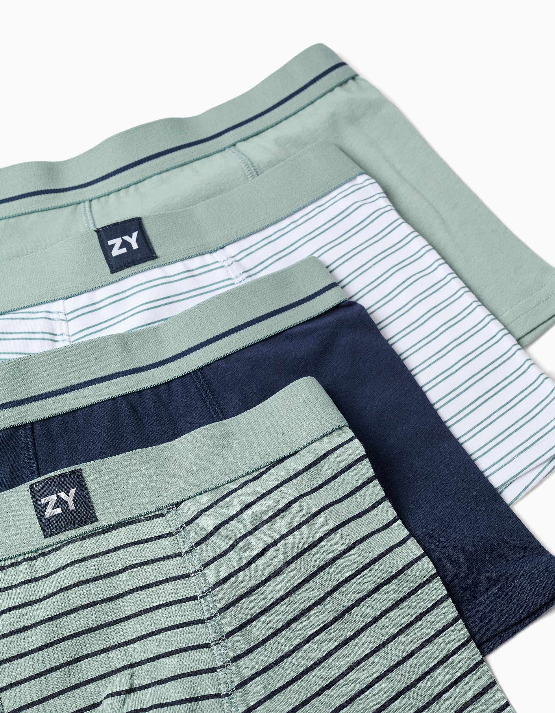 Pack of 4 plain/striped boxer shorts for boys, green/blue/white