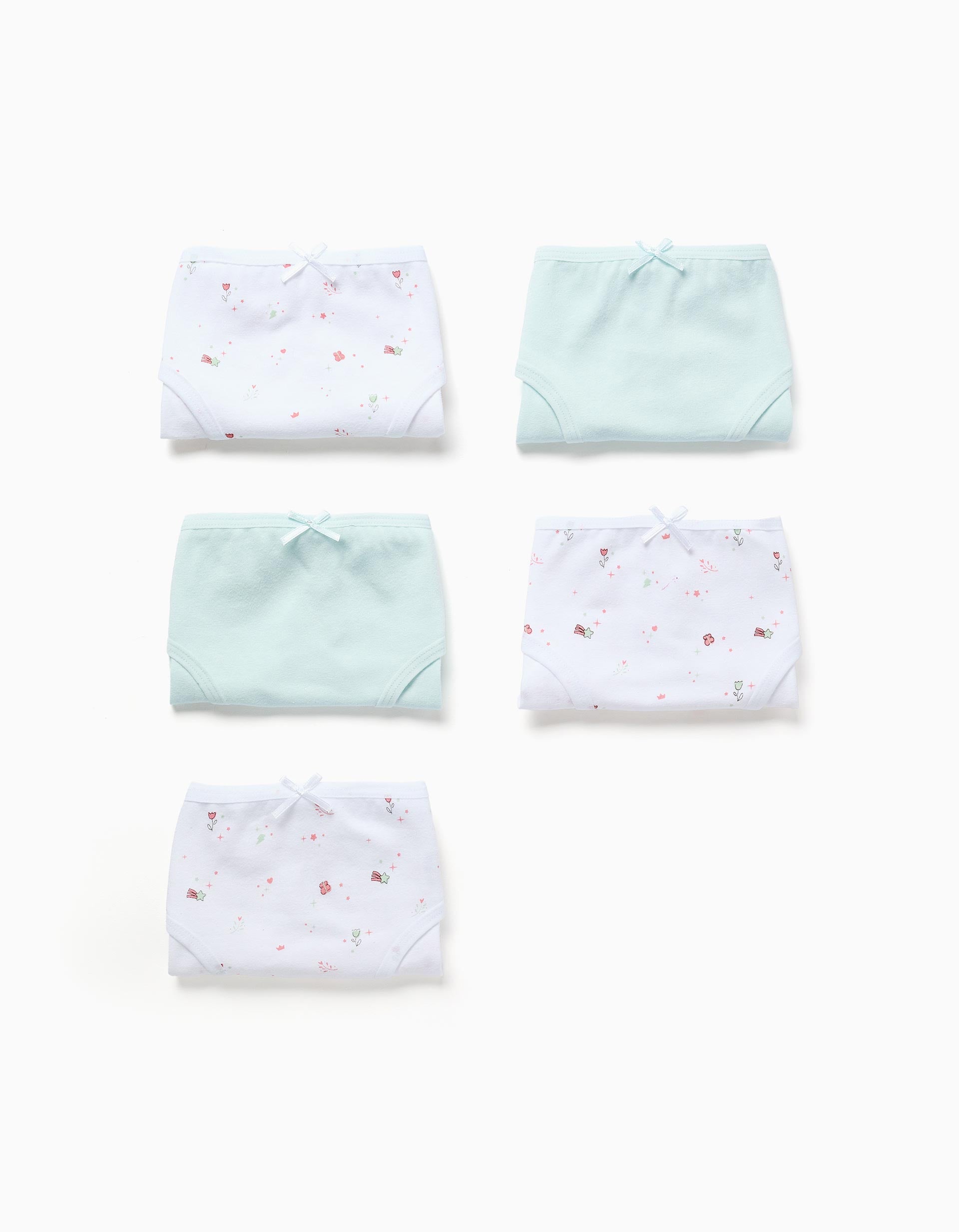 Pack of 5 plain/floral briefs for girls, white/light blue