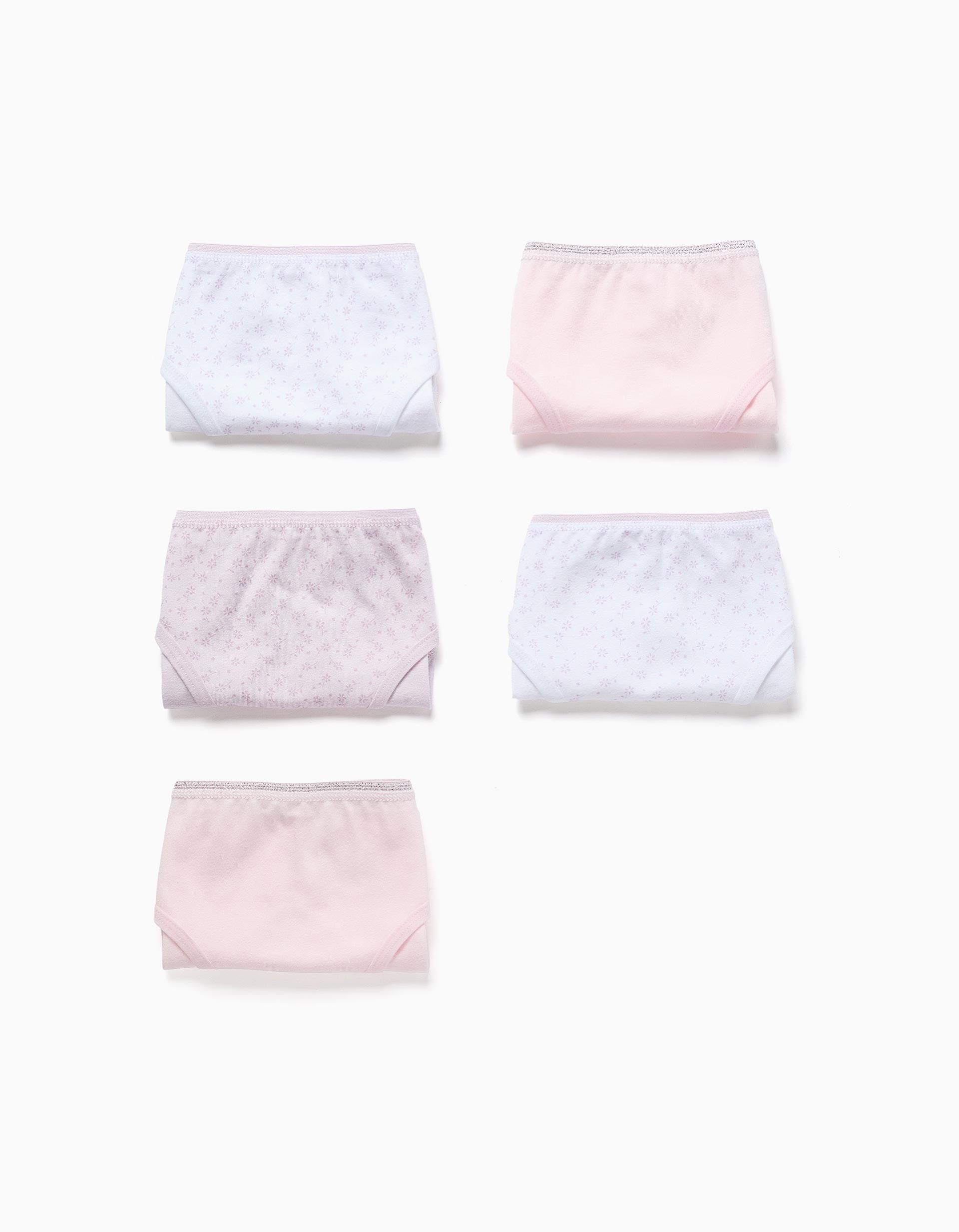 Pack of 5 plain/floral briefs for girls, white/pink/lilac